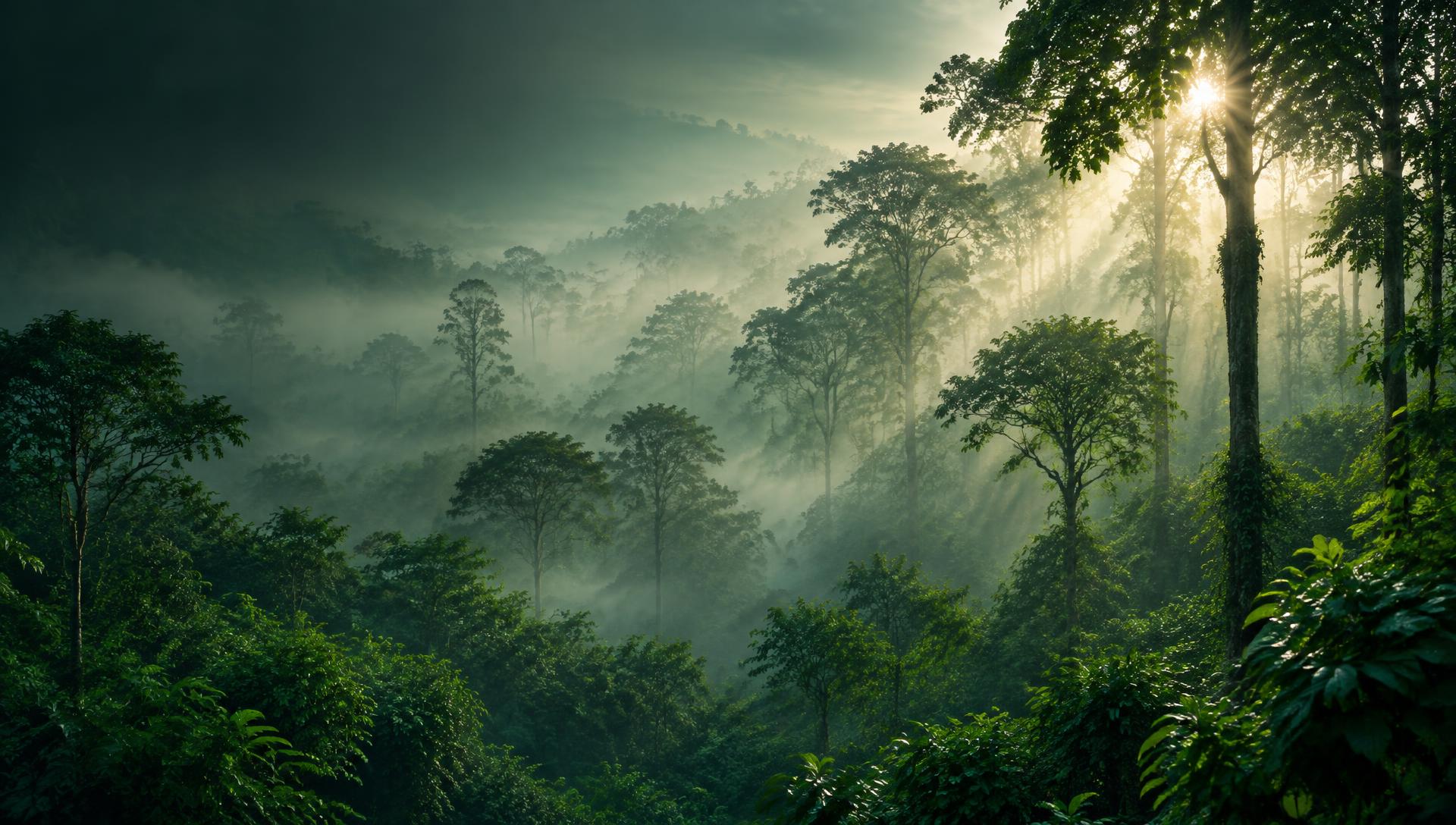 Misty green forest at sunrise
